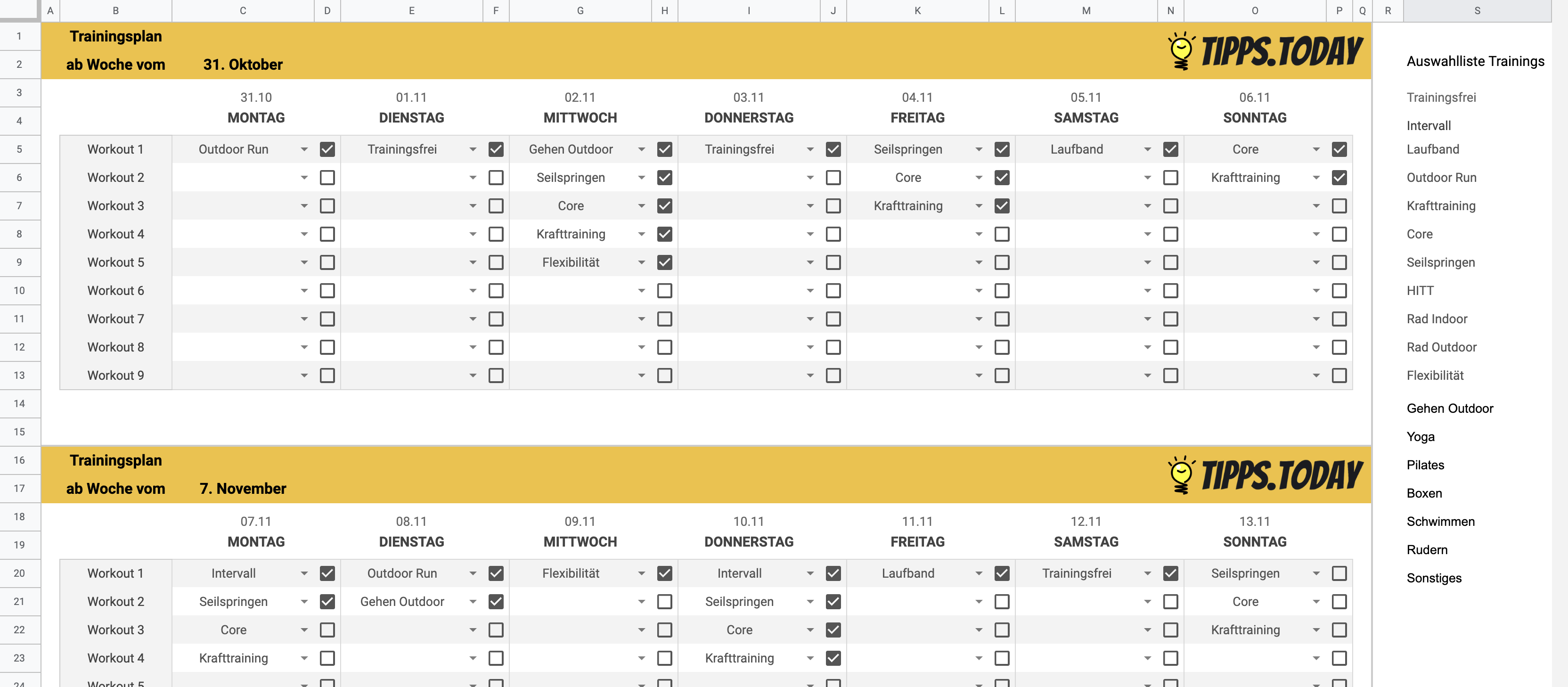 Workout Excel Vorlage